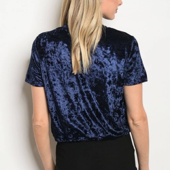 Navy Crushed Velvet 80's Girl Crop Top - Picture 2 of 4
